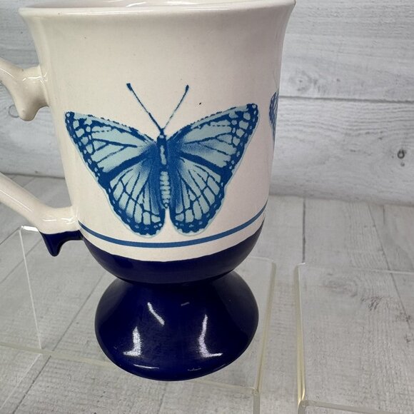 Vintage BUTTERFLY Cobalt Blue White Pedestal Ceramic 10oz Irish Coffee Mug Set 4 - Picture 11 of 16